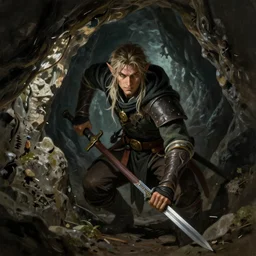 A fantasy comic book roleplaying game style portrait painting of a halfling rogue sneaking in a cavern, DAZ, hyperrealistic, ambient light, dynamic light