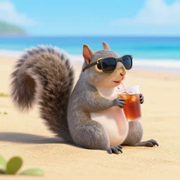 a gray squirrel lounging on the beach, drinking iced - tea, wearing sunglasses, 3 d render, pixar, beautiful colors, detailed. clean.