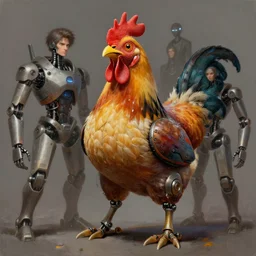 concept art of robotic chicken, highly detailed painting by dustin nguyen, akihiko yoshida, greg tocchini, greg rutkowski, cliff chiang, 4 k resolution, trending on artstation, 8 k