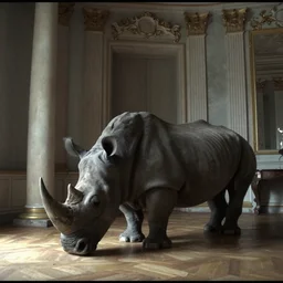 a rhinoceros in a neoclassical room, by mini dv camera, very very low quality, heavy grain, very blurry, caught on trail cam