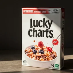 product photo of a lucky charms cereal box ; professional advertisement photography of a box of lucky charms cereal ; close - up