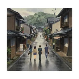 a japanese anime traditional town raining road, urban moody neutral hipster tones, joy gaze, cel - shaded, classical animation, cinematic, edge - to - edge print, rendered by studio ghibli, artgerm, alyssa monks, andreas rocha, david kassan, neil blevins