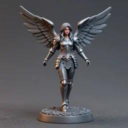80mm resin detailed miniature of a young armored angel woman, on textured base; Miniature product Photos, 4K, Full body; Front view