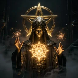 a dark sci fi matte painting portrait of a futuristic shadow priest wearing a massive sci fi headdress made of realistic metal forming into a pentagram while casting glowing death spells, art deco shapes, cinematic lighting, rim light smooth, dark sci fi, unreal engine, octane render, by blizzard studios, golden rule, subject in center of frame, fog volumes, stunning color scheme, surreal, vivid glow, cgsociety