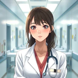 a poster of a beautiful cute female doctor in a white coat, hospital ward, finely detailed features, perfect art, trending on pixiv fanbox, painted by greg rutkowski, makoto shinkai, takashi takeuchi, studio ghibli, akihiko yoshida.