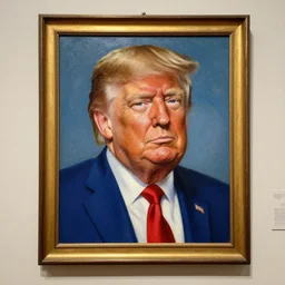 a presidential portrait of donald trump as an oompa loompa in the style caricature artist oil painter sebastian kruger hanging on a wall at mar - a - largo