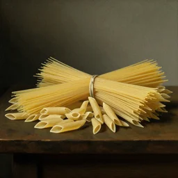 Dutch still life oil painting from the 1600s, table with a very large amount of plain pasta (penne)
