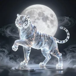 concept art of translucent glowing tiger dancing, big booty, flowy, melting, round moon, swirly clouds, very detailed, volumetric light, mist, fine art, textured oil over canvas, dragons, epic fantasy art, very colorful, ornate intricate scales, gold skulls, fractal gems, 8 k, hyper realistic, high contrast