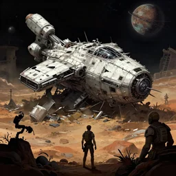 in front of the wreckage of a crashed spaceship, on an alien planet, from a space themed point and click 2 d graphic adventure game, set design inspired slightly by hg giger and tomb raider, art inspired by thomas kinkade and bill alexander