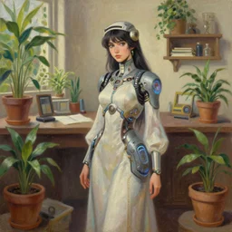 middle eastern scifi alchemist in a well - lit study with potted plants, wearing a lovely dress with cyberpunk elements. this oil painting by the award - winning mangaka has an interesting color scheme and impeccable lighting.