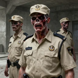 zombie security guard officers in beige uniform and caps with background brutalist concrete interior trending on artstation digital painting highly detailed bleeding!! 4 k 8 k hd by greg rutkowski