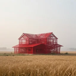 a parametric deconstructivism architecture farmhouse made of ethereal red thread. the farmhouse stands in an rural american landscape with fields of wheat. foggy at dawn