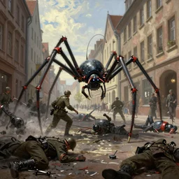spider robots terrorise streets of weimar germany and attack freikorps soldier, heavy street battle, pile of bodies, art by greg rutkowski and jakub rozalski