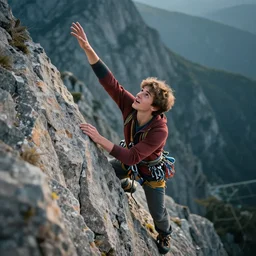 a young climber about to reach the top of a mountain, positive, energetic, enthusiasm, detailed, cinematic, dramatic lighting, by george tooker