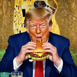 donald trump eating a cheeseburger in the style of gustav klimt drawing