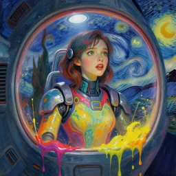 beautiful girl inside a spaceship, futuristic clothes, vibrant colors, beautiful face, rule of thirds, spotlight, drips of paint, expressive, passionate, by greg rutkowski, by jeremy mann, by francoise nielly, by van gogh, digital painting