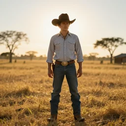 a cowboy banana standing, sun behind