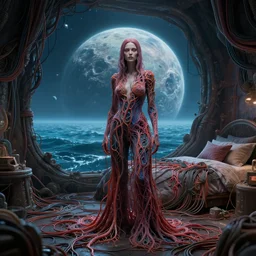 rgb, woman, ocean, on an alien planet, movie scene, inspired by zdzislaw beksinski, clothes made out of veins,, cables everywhere, bedroom, ultra realistic, concept art, intricate details, highly detailed, photorealistic, octane render, 8 k