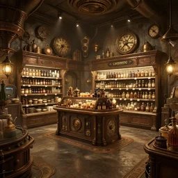 Interior of a Steampunk grocery store Greg Rutkowski, ArtStation, CGSociety, Unreal Engine