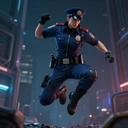 character design, jumping cyberpunk police officer, photorealistic, octane render, unreal engine, hyper detailed, volumetric lighting