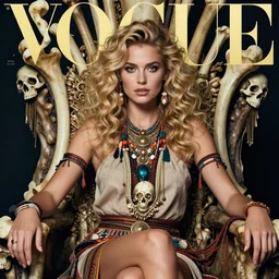 editorial photo of sexy european female sitting on bone throne, blonde, curly hair, clean big eyes, symmetrical beautiful face, clean skin, bones in background, skull jewelry, native costume and accessories,, fashion editorial photography, hyperrealistic, from vogue magazine, ultra realistic, artgerm, reflections, gold, teal, orange