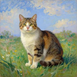 A painting of a cat under the sky in a field, by (Leonardo da Vinci, Ross Tran, Claude Monet), cgsociety, Trending on Artstation