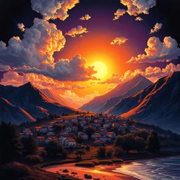 large village, mountains, clouds, sun come up, lucid, symetric, dreamistic, fluxication, volumetric lighting, black, orange, purple, near the beach, big trees by mc escher, colorized by salvador ross gogh