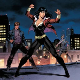 in the style of joshua middleton and tim sale, elektra marvel comics on a rooftop, action pose, night time