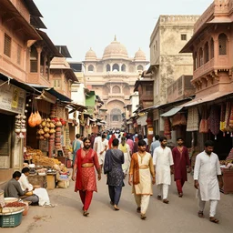 A bustling city in ancient India with shops and people dressed in traditional Indian attire from 1000BC