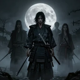 a samurai haunted by ghosts full moon on background  , gloomy and foggy atmosphere, octane render, artstation trending, horror scene, highly detailded