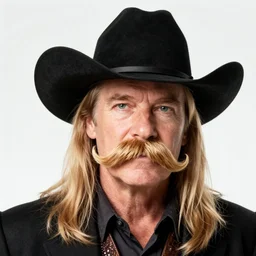 stephen fry, cowboy portrait, huge blond moustache, long blond hair, black stetson hat, moutain, intricate, elegant, highly detailed, artstation, sharp focus, illustration, mandy jurgens, rutkowski, mucha
