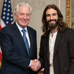 masterpiece hyper detailed portrait of jacques chirac shaking hands with jesus and smiling at the camera.