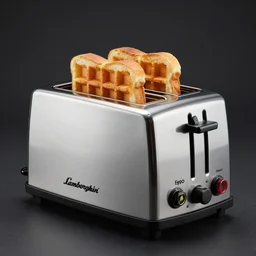 a lamborghini brand toaster, toasted bread in toaster slots, eggo waffle inside toaster slot, aggressive angular design, bold lamborghini style, professional product shot
