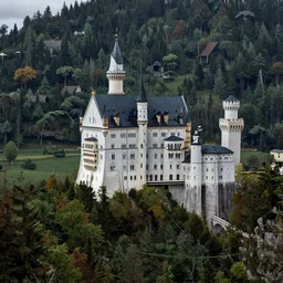 A highly detailed matte painting of a castle situated on a hill in the middle of a dense forest. The trees are so tall that they obscure the sky. The castle itself is made of white stone, with towers and turrets reaching up into the sky. It's surrounded by a moat, and there is a drawbridge over the moat, by Chris Foss.