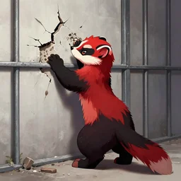 red - and - black weasel / stoat fursona ( furry fandom ), scratching and chiseling on a prison cell wall in order to create cracks and impressions, blessed madness