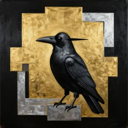 black gold silver, crow portrait!!!!!, symmetrical, award - winning painting, abstract, gold and silver shapes, rectangles, geometry, elegant, luxurious, beautiful, pitch black background, dali