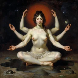 a woman with four arms meditating over a puddle of outer space, by alexandros pyromallis, bouguereau, rutkowski, artgerm