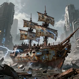 apocalyptic, ruined future city. rusted future pirate ship with electronic thunders coming out. volumetric lighting, sharp focus, ultra detailed, cgsociety - w 1 0 2 4 - n 8 - i