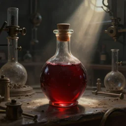 a steampunk painting of a vintage very dark red poison potion bottle, lit by a single ray of sunlight in a dark dusty vintage science lab, by h. r. giger, hyperrealistic fantasy art, concept matte, ethereal, dreamy, digital art, trending on artstation, volumetric cinematic lighting