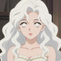 a anime woman wearing dress, detailed face, white curly hair, white pupils, by krenz cushart