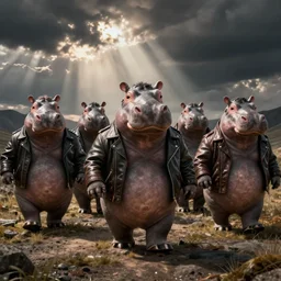 a biker gang of hippopotamus with leather jackets, digital art