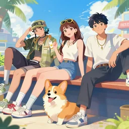 beautiful anime illustration of hiphop solarpunk summertime teen chilling with corgi, by dao le trong, daniela uhlig, craig mullins, craig davison. trending on artstation, 8 k, masterpiece, graffiti paint, fine detail, full of color, intricate detail, golden ratio illustration, face enhance