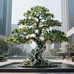 glass sculpture of a huge bonsai tree in the city center, photo realistic, well detailed, trending on artstation, 8k