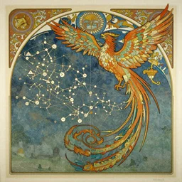 a skymap with a detailed constellation of a phoenix, ornate background with art nouveau frame, by alfons mucha