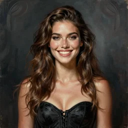 epic painting drawing, full portrait of a beautiful supermodel ( ( smiling lovingly ) ), long brown ( wavy ) hair in corset, photography by amy leibowitz, wlop, jeremy lipkin, beeple, intricate, symmetrical front portrait, artgerm, dark smoky background