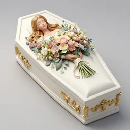 an elaborate coffin with a mysterious sleeping beauty holding a large bouquet of flowing flowers, hands hidden under the bouquet, side view, fantasy, regal, intricate, by stanley artgerm lau, greg rutkowski, thomas kindkade, alphonse mucha, loish, norman rockwell