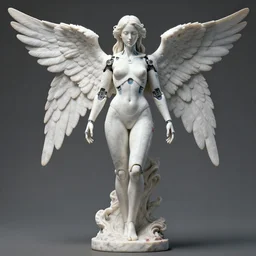 a statue made of white marble covered in blood, of an gorgeous futuristic cybernetic angel girl, prostheses, transhumanism, full body shot, perfect symmetrical body, perfect symmetrical face, hyper realistic, hyper detailed, by johannen voss, by peter kemp, by monia merlo, by michelangelo, octane render, blender, 8 k