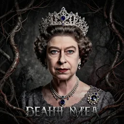 Death Metal album cover, Queen Elizabeth II, high detail, ArtStation, dark, grungy, vines, royal jewels