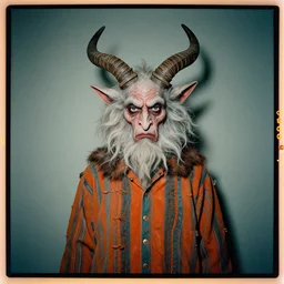 kodak portra 4 0 0, 8 k, wide flashlight shot of a highly detailed, britt marling style, colour still - life portrait of a krampus in muted colours in striped orange and teal