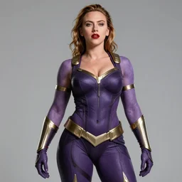 scarlett johansson as thanos, feminine beautiful muscular fitness model wearing armor, very dark purple skin, red lips, super very strong jaw, shredded abs, pin up, attractive, highly detailed full body portrait, pretty face, elegant, breathtaking art, concept art, by artgerm and ilya kuvshinov